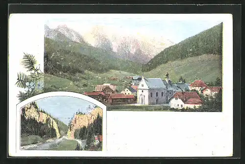 AK Mürzsteg, Teilansicht mit Kirche, Schlucht