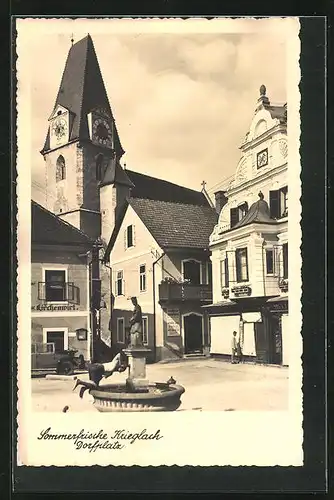 AK Krieglach, Dorfplatz mit Gasthaus zum Kirchenwirt und Kirche