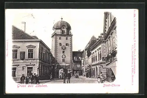 AK Leoben, Hotel Mohr mit Stadt-Turm