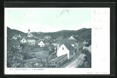 AK St. Michael bei Leoben, Ortspartie mit Geschäften und Kirche