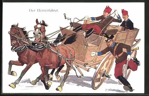Künstler-AK Fritz Schönpflug: Der Herrenfahrer mit Pferdegespann