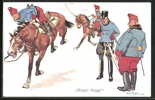 Künstler-AK Fritz Schönpflug: Hopp! Hopp!, Soldaten zu Pferde