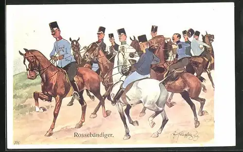 Künstler-AK Fritz Schönpflug: Rossebändiger, Soldaten zu Pferde