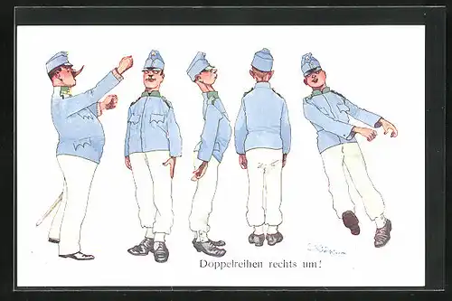 Künstler-AK Fritz Schönpflug: Doppelreihen rechts um!, Soldaten in Uniform