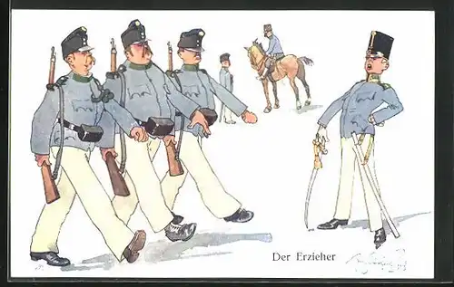 Künstler-AK Fritz Schönpflug: Der Erzieher, Soldaten üben den Gleichschritt