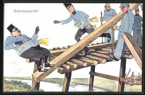 Künstler-AK Fritz Schönpflug: Belastungsprobe!, Soldat fällt von der Holzbrücke
