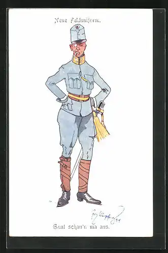 Künstler-AK Fritz Schönpflug: Soldat in neuer Felduniform mit Monokel und Zigarette