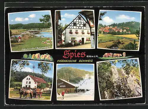 AK Spies /Fränk. Schweiz, Gasthaus zum Spieser Felsen, Schwimmbad Betzenstein, Skilift