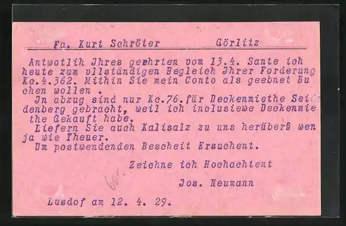 AK Lusdof, Josef Neumann Landwirtschaftliche Produkte an Fa. Kurt Schröter