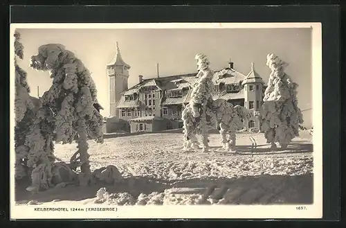 AK Keilberg, Hotel und Kaiser Franz Josefs-Aussichtsturm im Winter