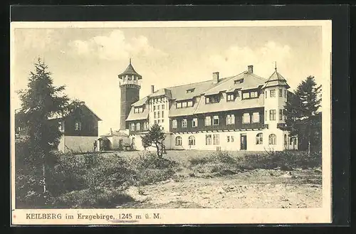 AK Keilberg, Hotel und Kaiser Franz Josefs-Aussichtsturm im Sonnenlicht