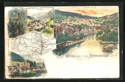 Lithographie Calw, Totalansicht, Ortsansichten von Hirsau u. Teinach