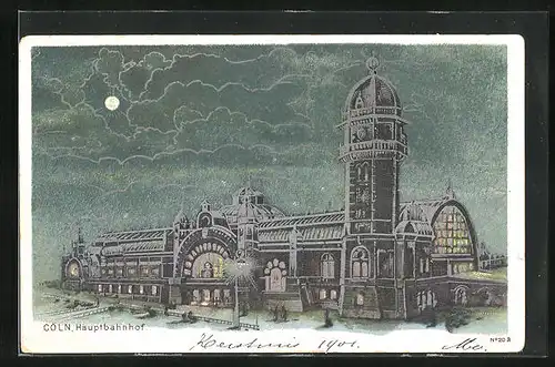 AK Köln, Hauptbahnhof bei Nacht