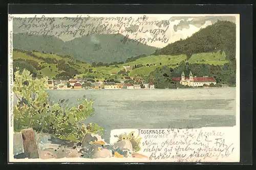 Lithographie Tegernsee, Seepartie mit Ort