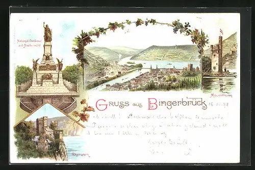 Lithographie Bingerbrück, Mäusethurm, Rheinstein, Totalansicht