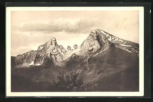 Künstler-AK Watzmann-Sage, in den Berg gemeisselte Familie, Berg mit Gesicht / Berggesichter