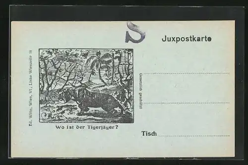 Künstler-AK Wo ist der Tigerjäger? Juxpostkarte