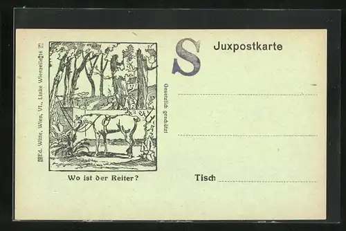 Künstler-AK Wo ist der Reiter? Juxpostkarte