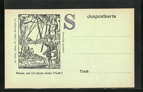 Künstler-AK Wo ist der Fisch? Juxpostkarte