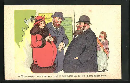 Künstler-AK Französischer Scherz mit korpulentem Herrn und schwangerer Frau