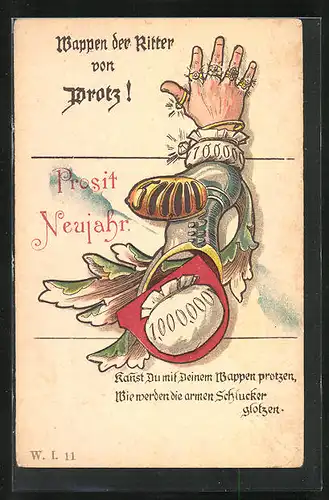 AK Wappen der Ritter von Protz, Geldsack, Neujahrsgruss, früher Druck