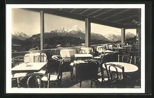 AK Berchtesgaden, Terasse im Café Rottenhöfer mit Blick auf Watzmann und Funtenseetauern