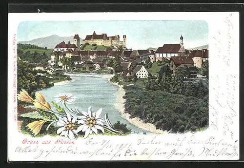 AK Füssen, Flusspartie mit Blick richtung Burg
