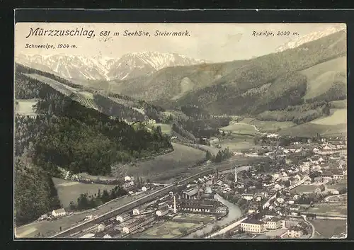 AK Mürzzuschlag, Ort mit Fluss im Tal zwoschen Schneealpe und Raxalpe