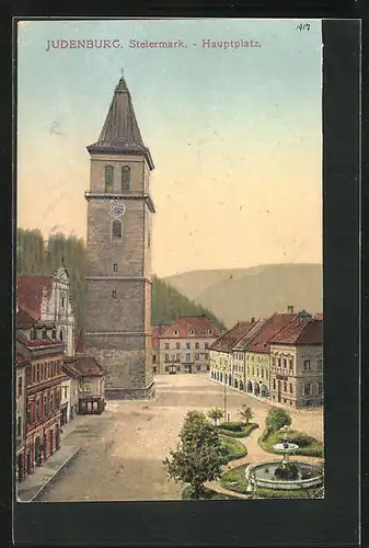 AK Judenburg, Hauptplatz mit Brunnen