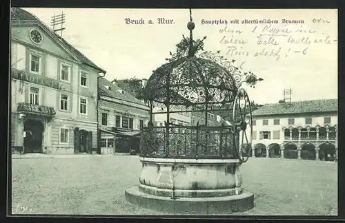 AK Bruck /Mur, Hauptplatz mit altertümlichem Brunnen