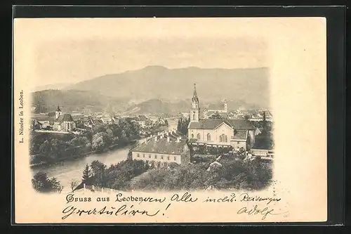 AK Leoben, Totalansicht mit Kirche und Fluss
