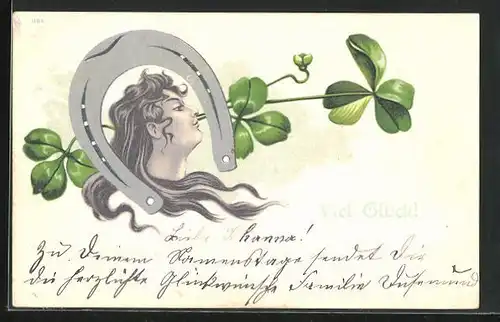 Künstler-AK Dame mit Hufeisen und Kleeblatt, Jugendstil