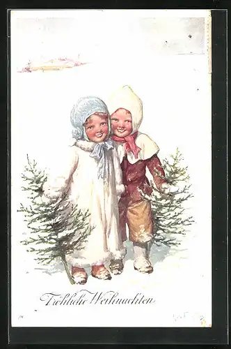 Künstler-AK Karl Feiertag: Kinder im Schnee mit Tannenbäumen