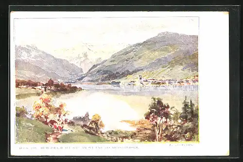 Künstler-AK Edward Theodore Compton: Zell am See, Blick von Thumersbach auf den Ort und das Kitzsteinhorn