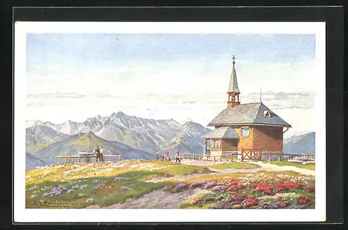 Künstler-AK Edward Theodore Compton: St. Elisabeth-Kapelle mit dem Blick auf dei Venedigergruppe von der Schmittenhöhe