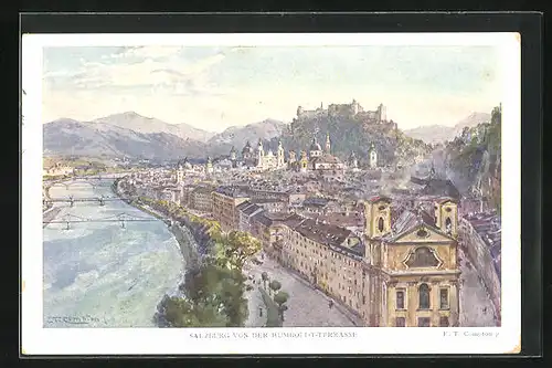Künstler-AK Edward Theodore Compton: Salzburg, Teilansicht von der Humboldt-Terrasse