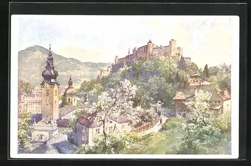 Künstler-AK Edward Theodore Compton: Salzburg, Festung Hohensalzburg vom Mönchsberg aus gesehen