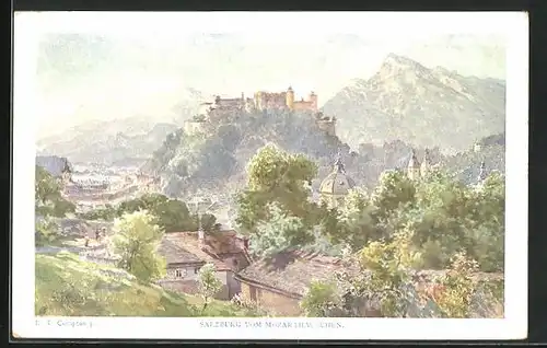 Künstler-AK Edward Theodore Compton: Salzburg, Festung Hohensalzburg vom Mozarthäuschen