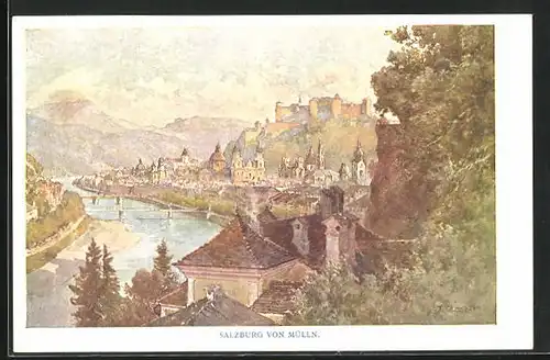 Künstler-AK Edward Theodore Compton: Salzburg, Festung Hohensalzburg von Mülln