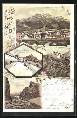 Lithographie Saalfelden, Riemannhaus, Passauer Hütte a. d. Mittagscharte