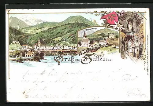 Lithographie Hallein, Dürrnberg, Totalansicht mit Gebirge