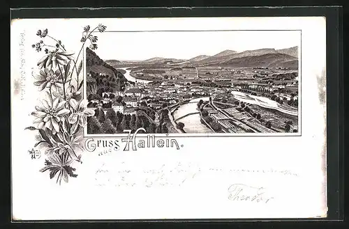 Lithographie Hallein, Totalansicht mit Fluss