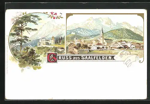 Lithographie Saalfelden, Totalansicht mit Kirche