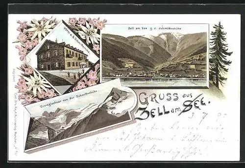 Lithographie Zell a. See., Hotel a. d. Schmittenhöhe, Grossglockner, Totalansicht