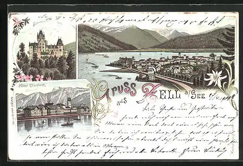 Lithographie Zell a. See, Hotel Elisabeth, Schloss Fischhorn, Totalansicht