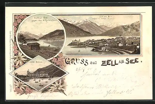 Lithographie Zell a. See, Hotel Böhm, Totalansicht