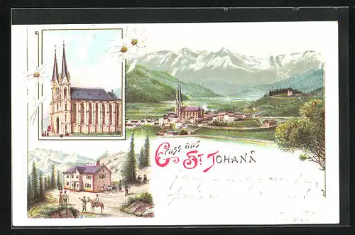Lithographie St. Johann, Gasthaus, Kirche, Totalansicht