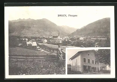 AK Bruck /Pinzgau, Höger Gemischtwarenhandlung, Ortsansicht mit Bergen