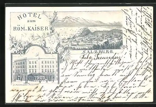 Lithographie Salzburg, Hotel zum Röm. Kaiser, Ortsansicht