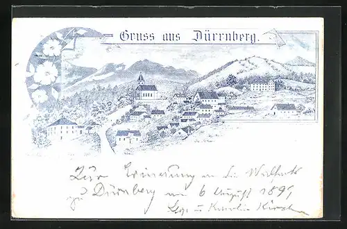 Lithographie Dürrnberg, Ortsansicht mit schneebedecktem Berg